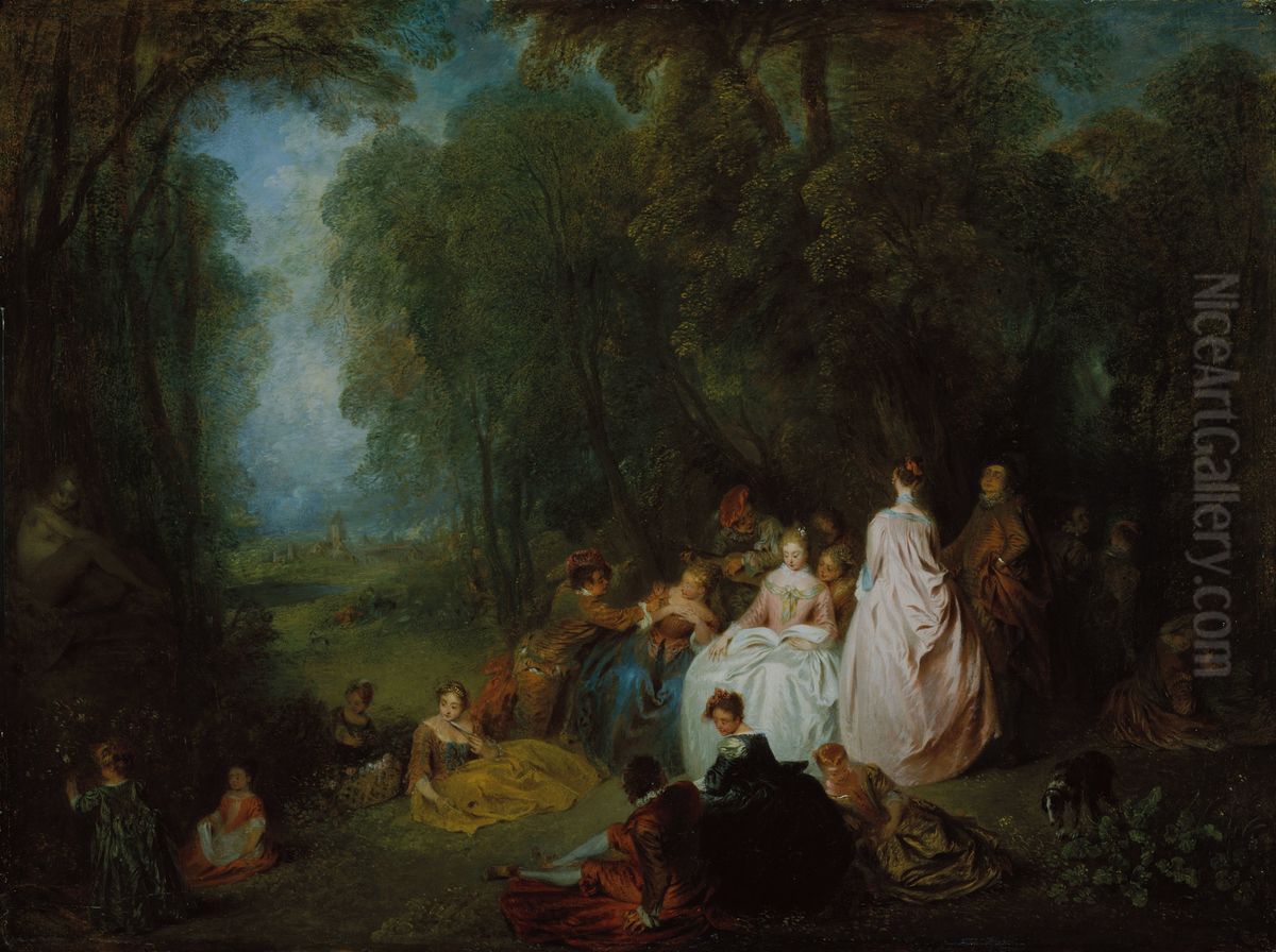 Fete champetre (Pastoral Gathering) Oil Painting by Jean-Antoine Watteau