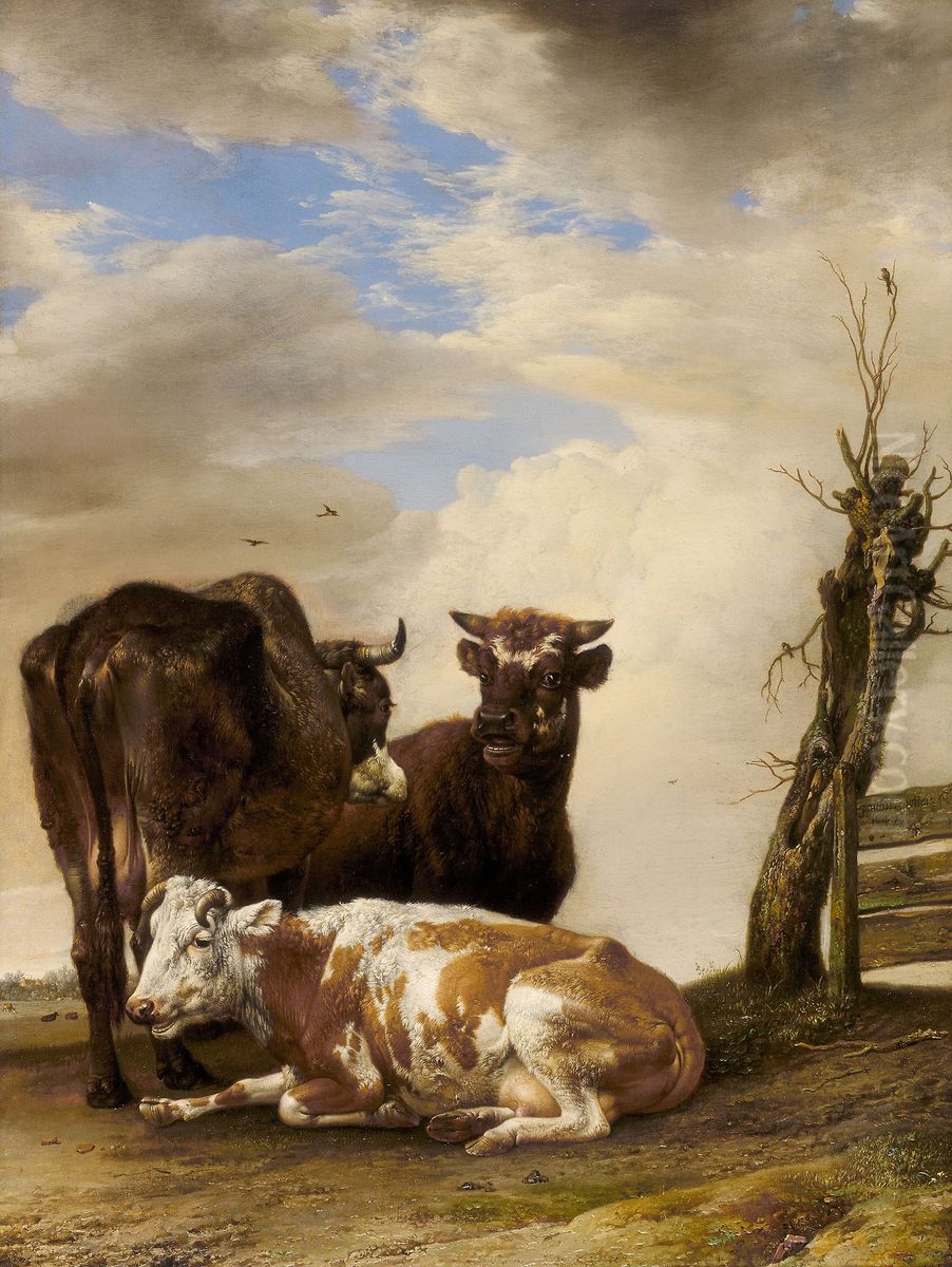 Two Cows and a Young Bull beside a Fence in a Meadow Oil Painting by Paulus Potter