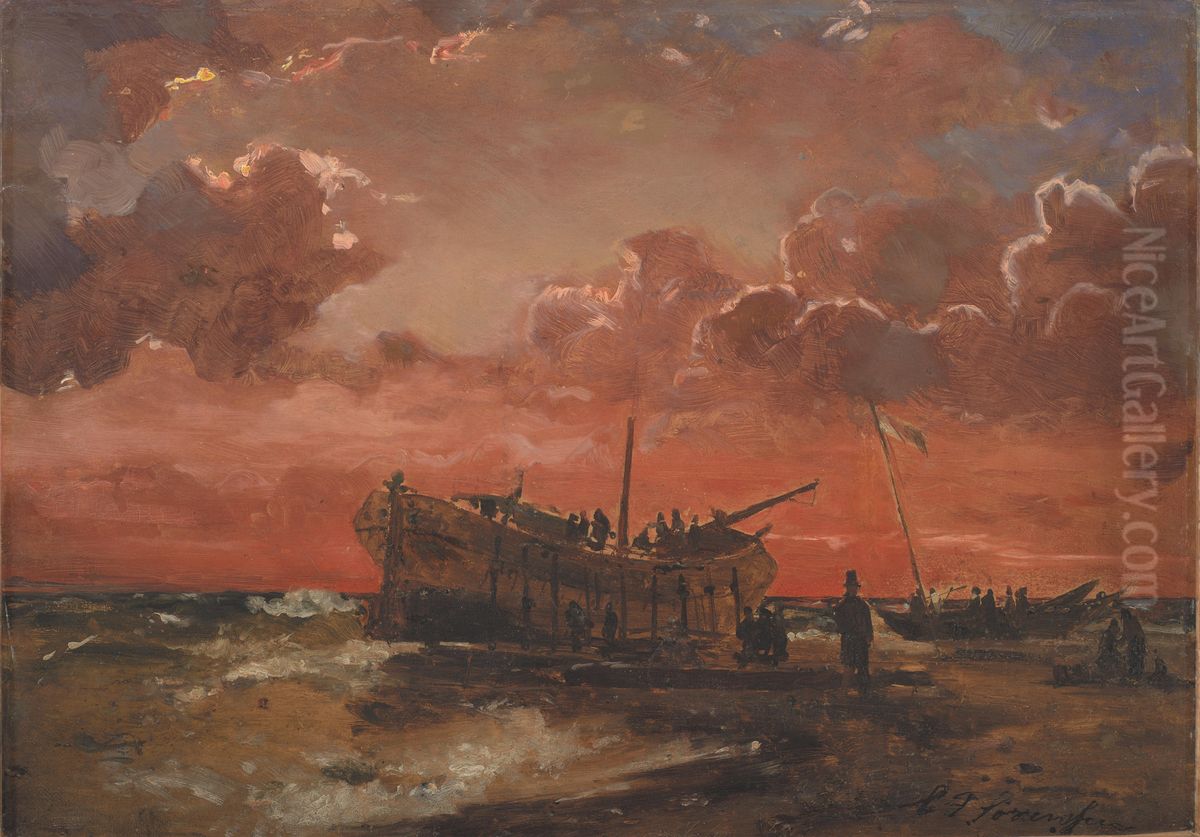 Et vrag pa Jyllands vestkyst ved solnedgang Oil Painting by Carl Frederik Sorensen
