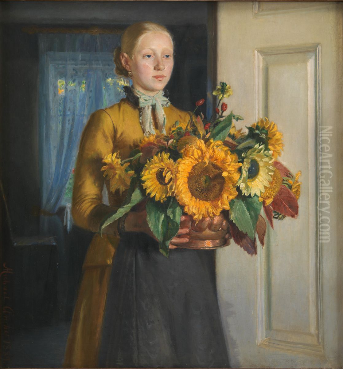 Pigen med solsikkerne Oil Painting by Michael Peter Ancher