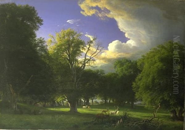 Summer Afternoon with a Passing Shower. The Deer Park in Jaegersborg North of Copenhagen Oil Painting by P. C. Skovgaard