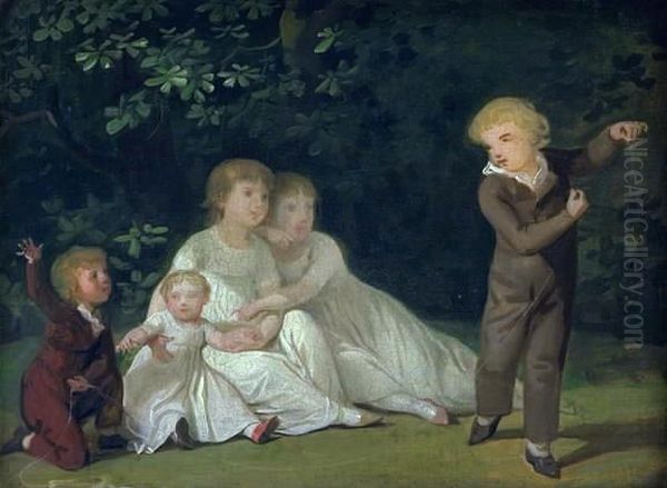 The Artist's Five Children in a garden. Study Oil Painting by Jens Juel