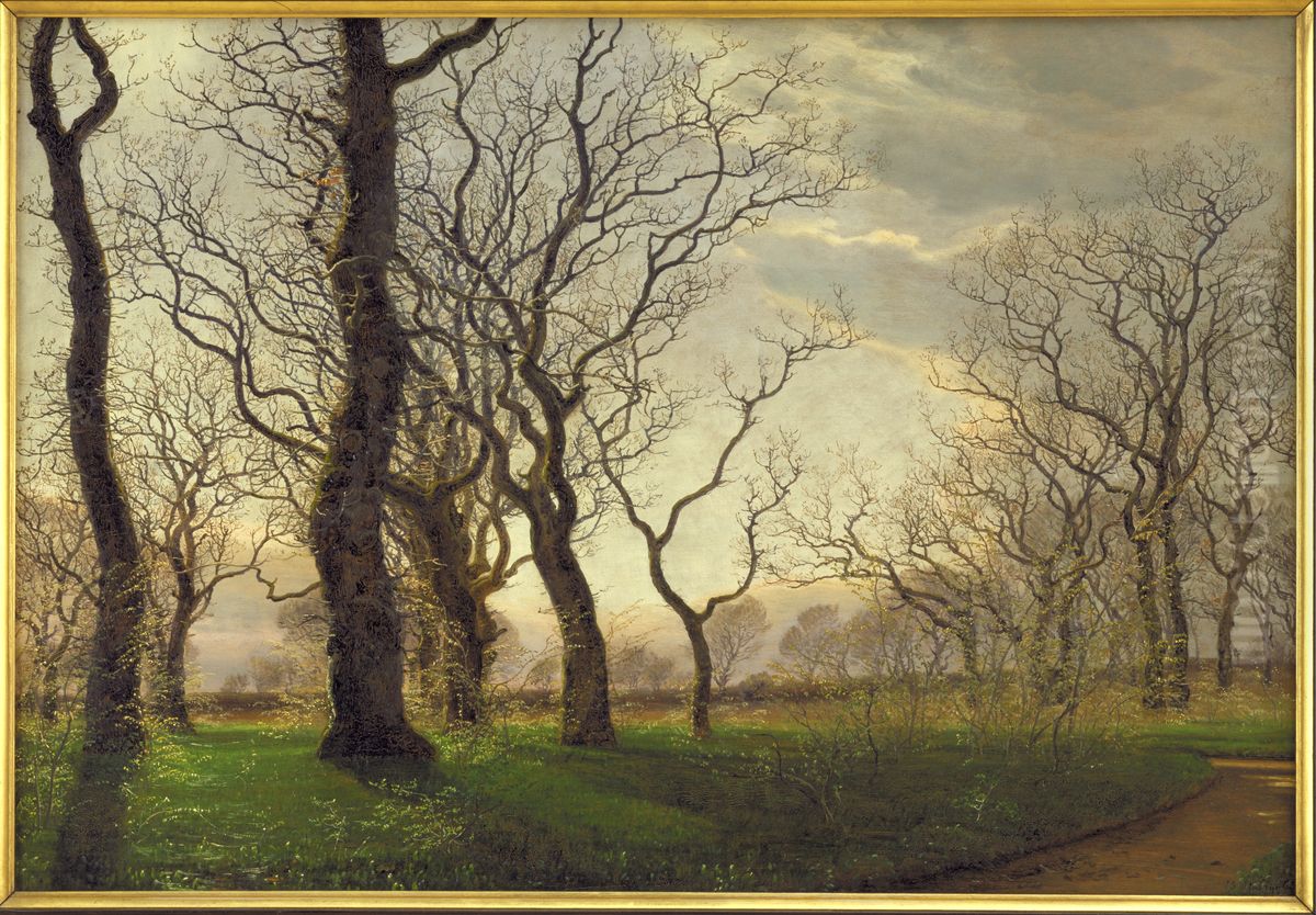 I udkanten af en egeskov en tidlig forarsmorgen Oil Painting by Janus Andreas Bartholin La Cour