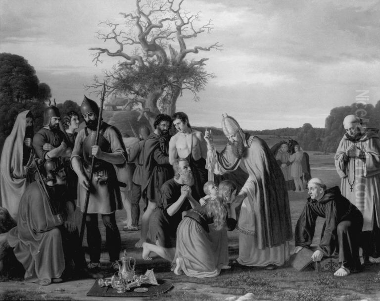 Biskop Rembert frikober kristne fanger af hedninger Oil Painting by Johan Peter Raadsig