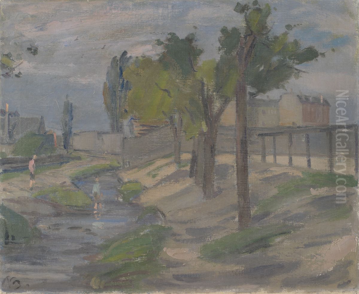 Drenge, der sopper i Ladegardsaen (?). I baggrunden husgavle Oil Painting by Peter Rostrup Boyesen