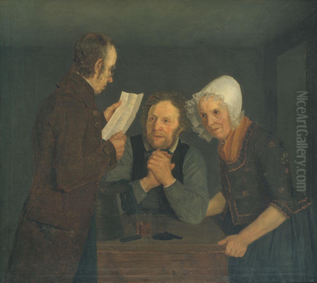 A Schoolmaster Reading Aloud a Letter to an Old Couple from Their Son Abroad Oil Painting by Moritz Unna
