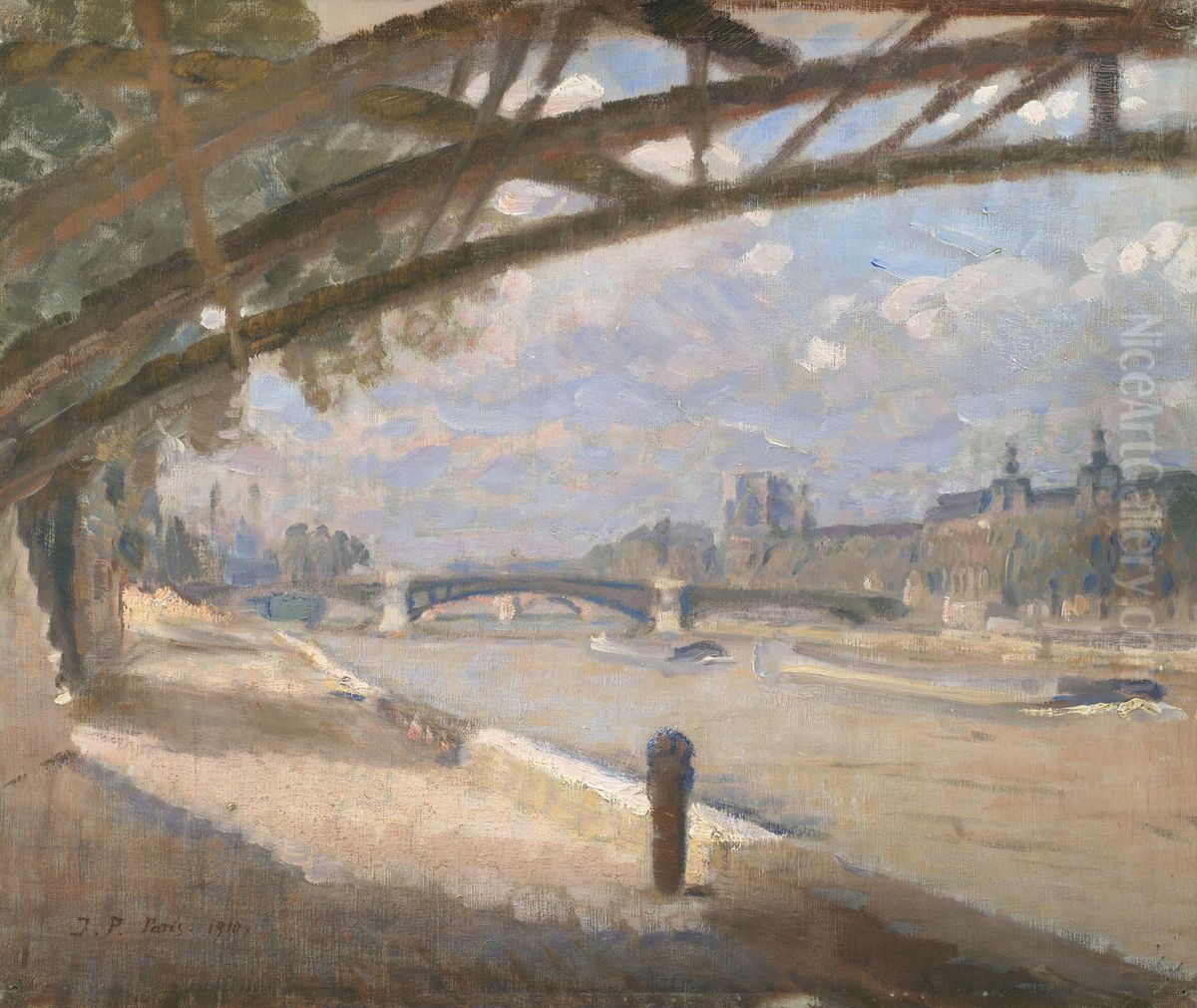 Under the Pont des Arts, Paris. Noon Oil Painting by Julius Paulsen
