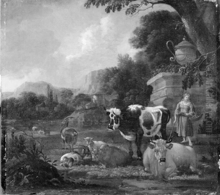 Shepherdess with her Cattle, Sheep and Goats Oil Painting by Esaias Van De Velde