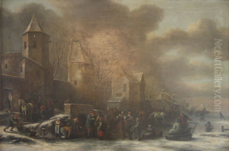A Dutch Winter Scenery Oil Painting by Nicolaes Molenaer