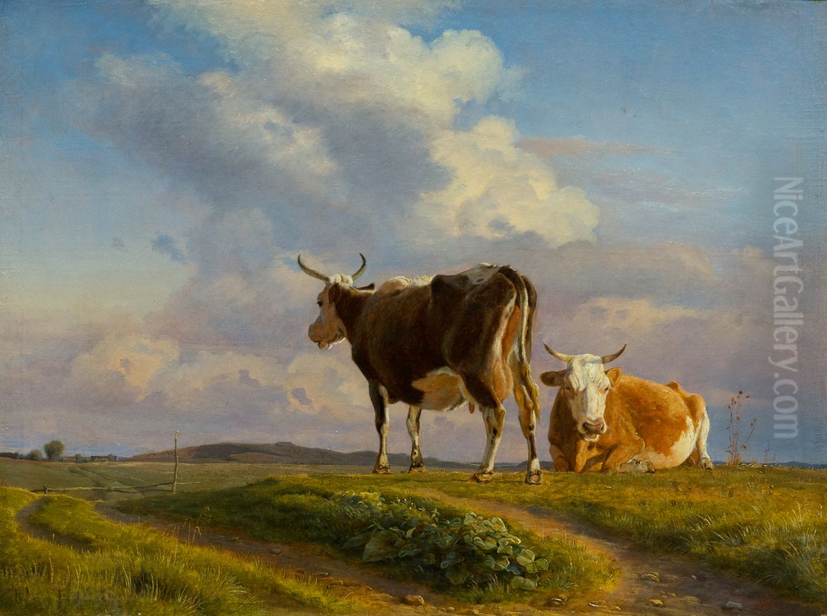 To koer pa en aben mark Oil Painting by Johan Lundbye