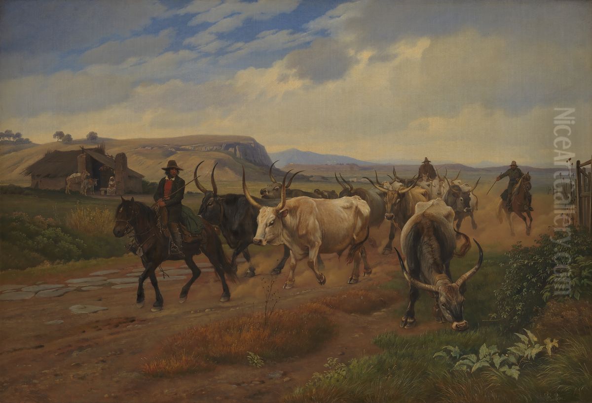 A Drove of Oxen in the Roman Campagna Oil Painting by Johan Lundbye