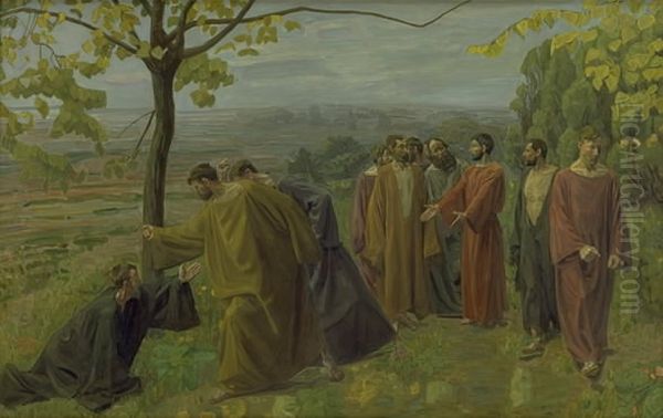 Den blinde ved vejen raber efter Kristus. Oil Painting by Niels Larsen Stevns