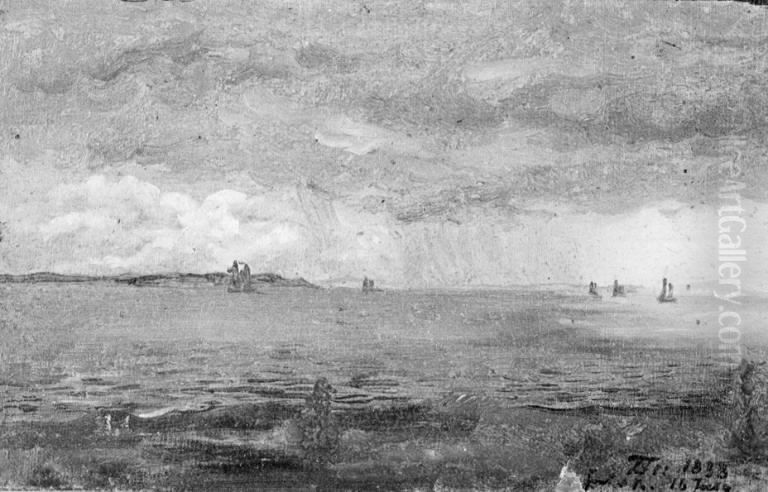 The Sound with Rain Clouds and Ships in the Background Oil Painting by Lorenz Frolich