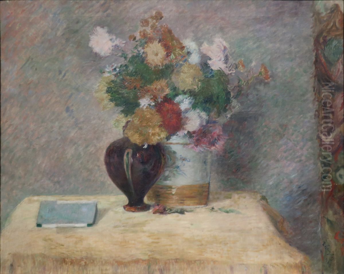 Fleurs et livre japonais sur une table Oil Painting by Paul Gauguin