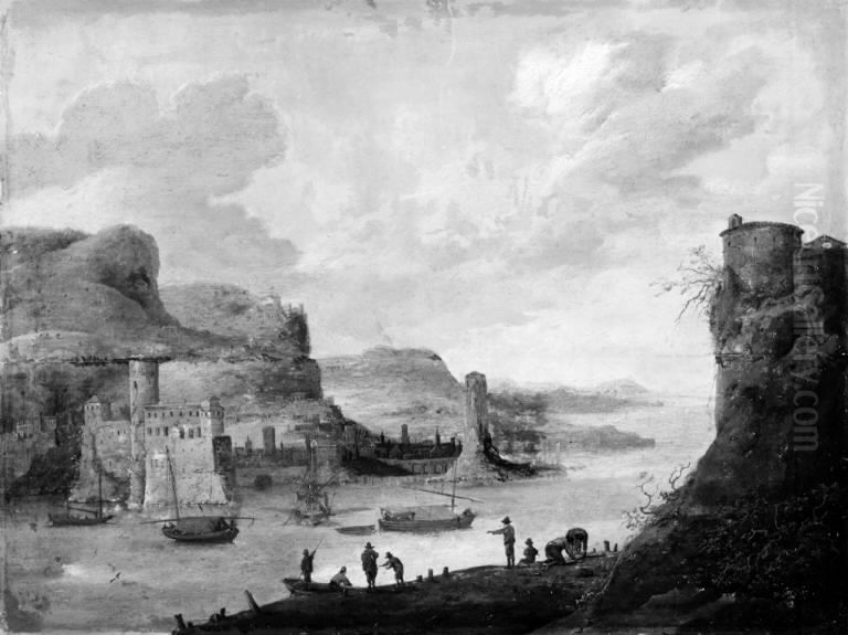 Italian Seaport Oil Painting by Daniel van Heil