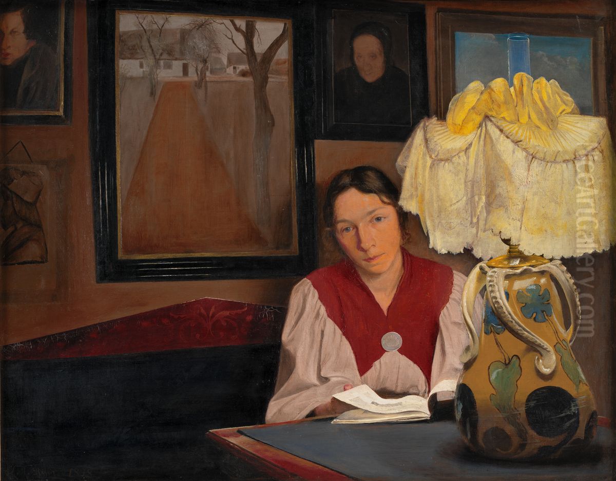 The Artist's Wife by Lamplight Oil Painting by Laurits Andersen Ring