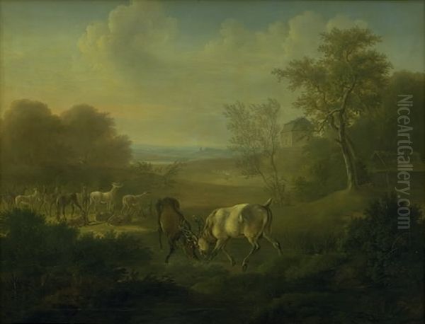 Hjorte i Dyrehaven, i baggrunden Eremitagen Oil Painting by Christian David Gebauer