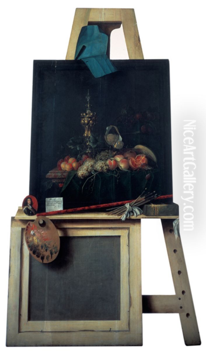 Cut-Out Trompe l'Oeil Easel with Fruit Piece Oil Painting by Cornelis Norbertus Gijsbrechts