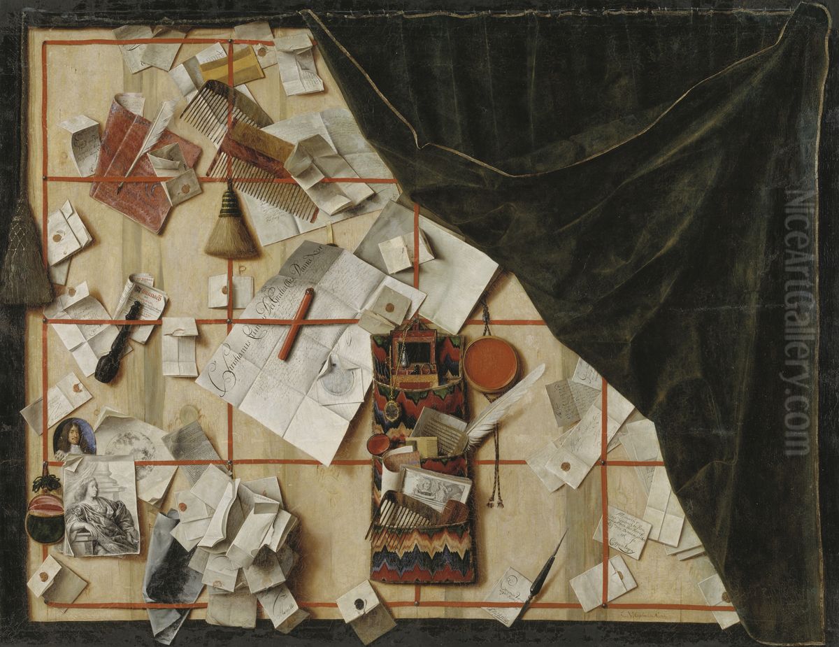 Trompe l'oeil med en brevvaeg med Christian V's proklamation Oil Painting by Cornelis Norbertus Gijsbrechts