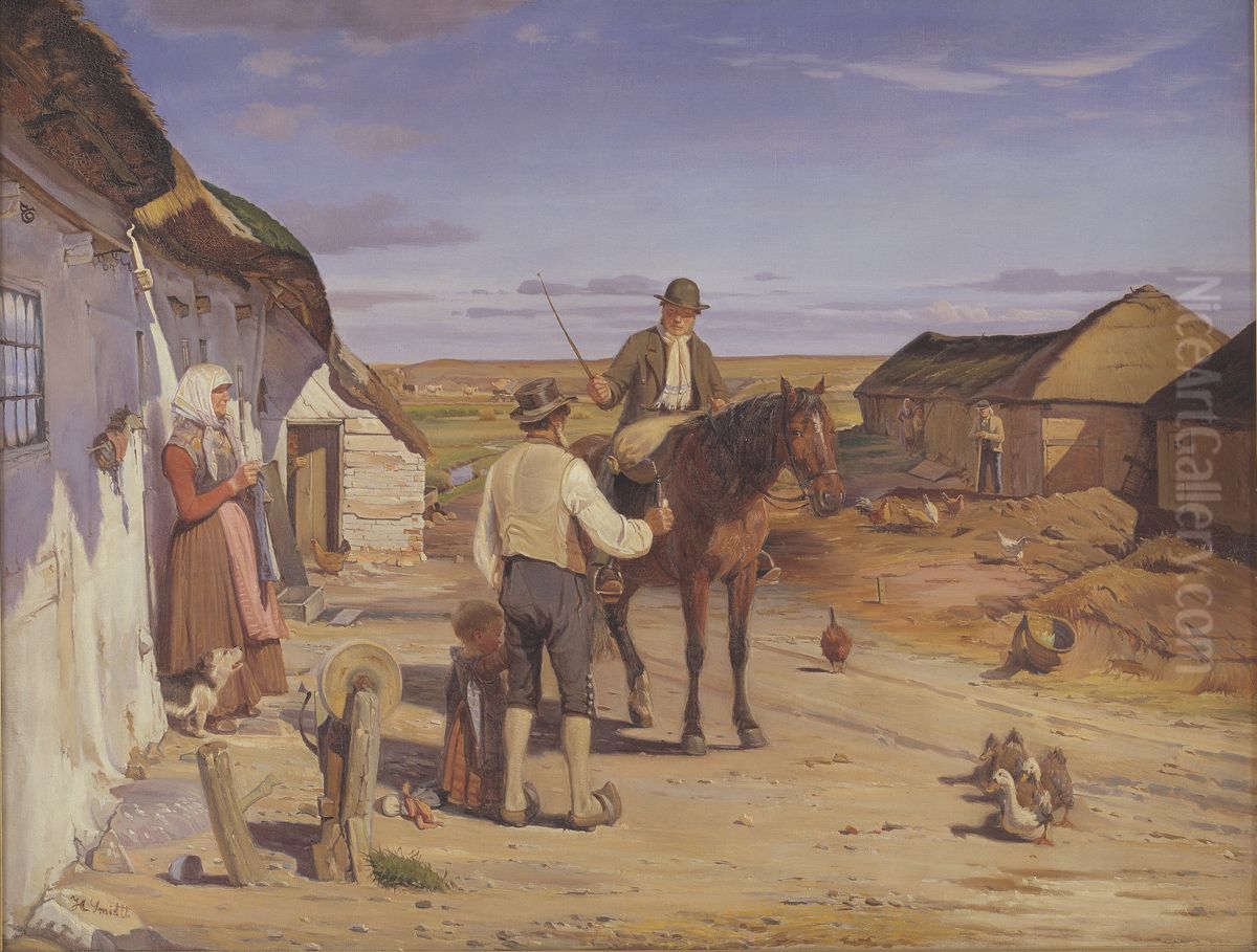 En fremmed sporger om vej i bondegarden pa heden Oil Painting by Hans Smidth