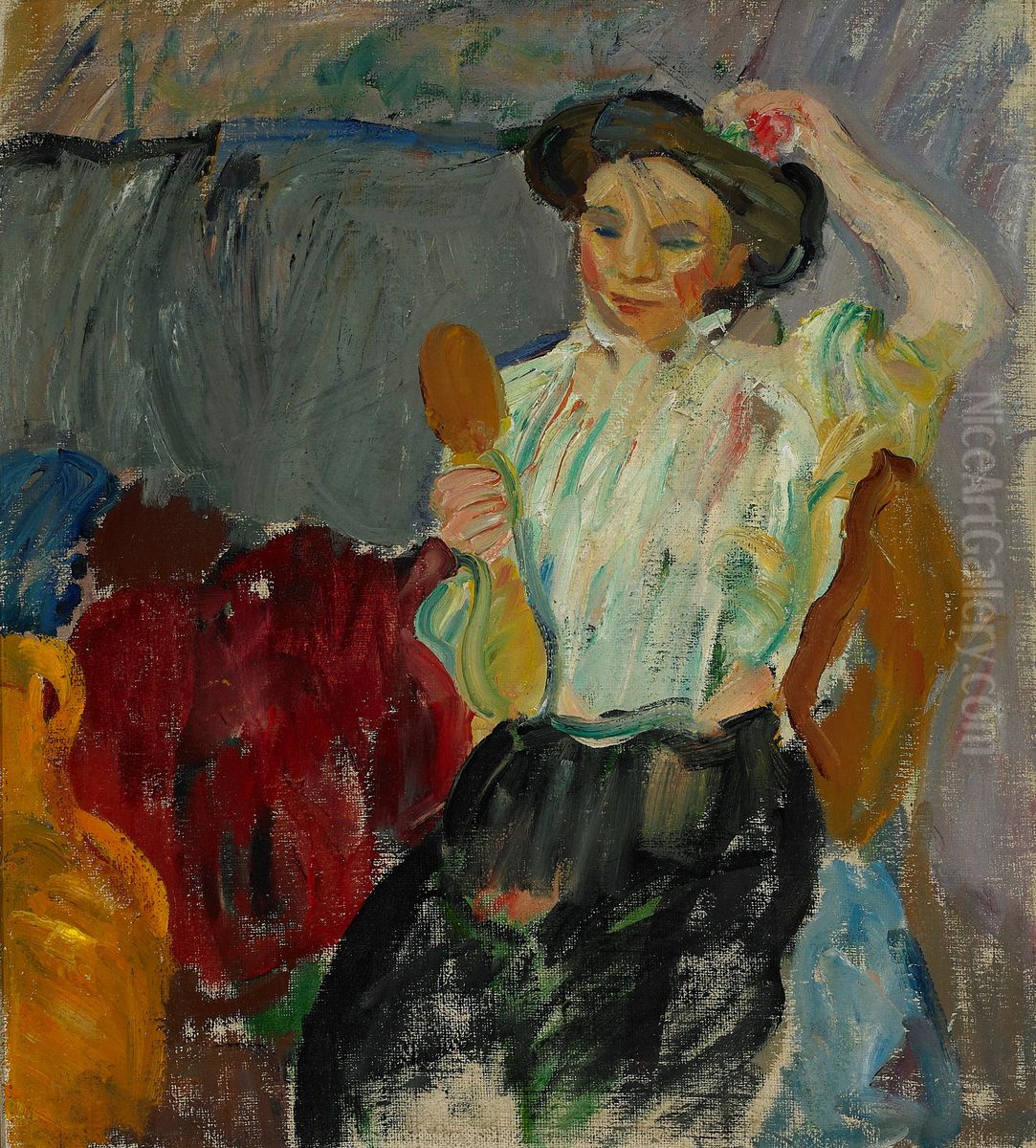 Dame med handspejl Oil Painting by Karl Isakson