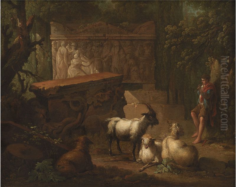 Antikke ruiner omgivet af traeer, i forgrunden en hyrde og nogle geder Oil Painting by Johan Edvard Mandelberg