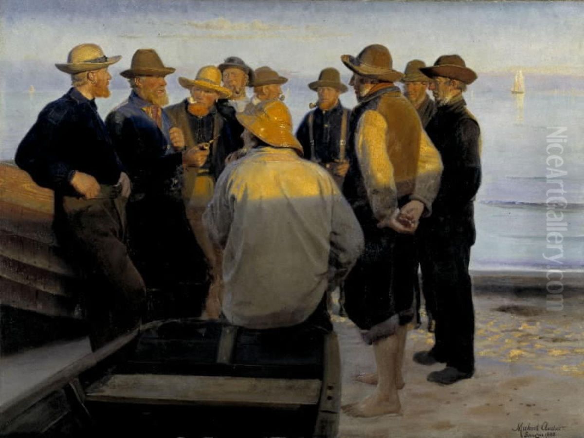 Fiskere ved stranden en stille sommeraften Oil Painting by Michael Peter Ancher