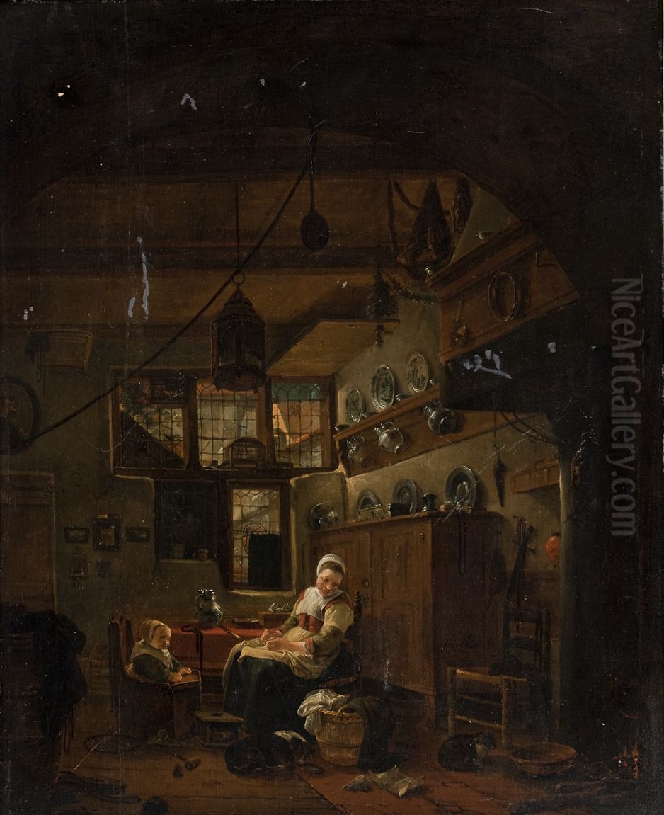 Interior of a Dutch Farm Cottage Oil Painting by Thomas Wijck