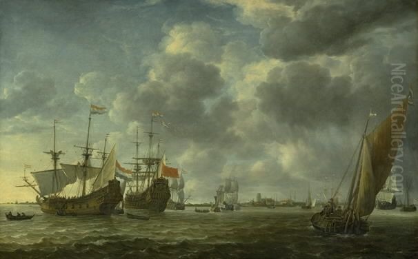 Skibe pa Maasfloden ud for Rotterdam Oil Painting by Simon De Vlieger