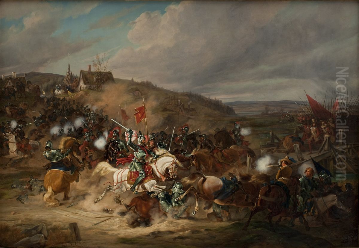 Daniel Rantzau bemaegtiger sig Tureby Bro i Skane under Syvarskrigen  1563-1570 Oil Painting by Christian Frederik Carl Holm