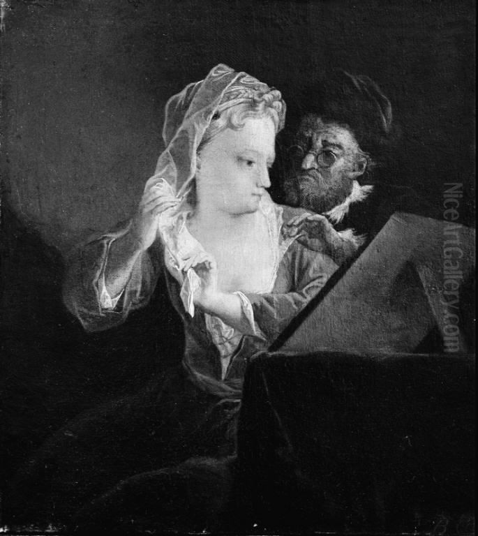 Ung kvinde der spejler sig, mens en gammel mand ser til Oil Painting by Benoit Le Coffre