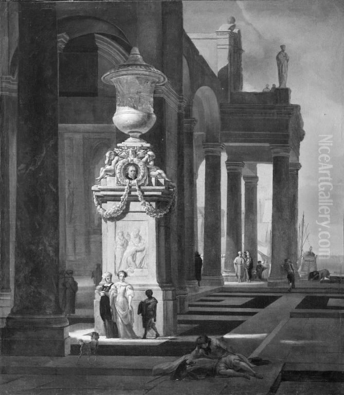 Et monument ved en havn Oil Painting by Jan Baptist Weenix