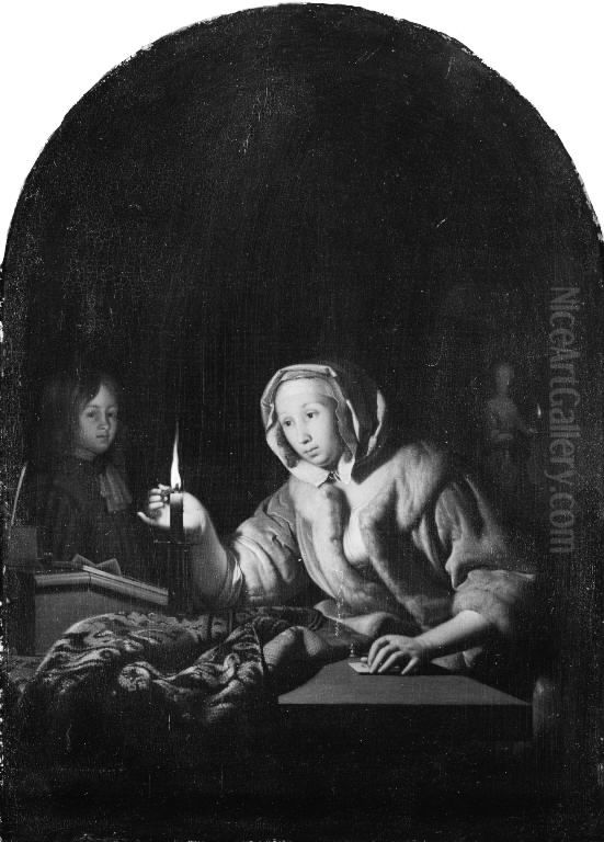 A Lady Sealing a Letter Oil Painting by Godfried Schalcken