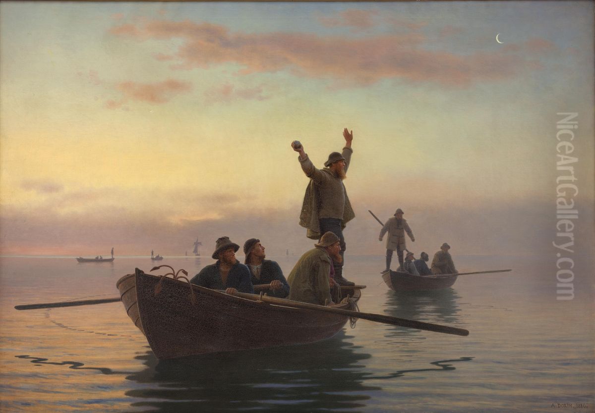 Hornfiskefangst med drivvod. Tidlig morgen Oil Painting by Anton Dorph