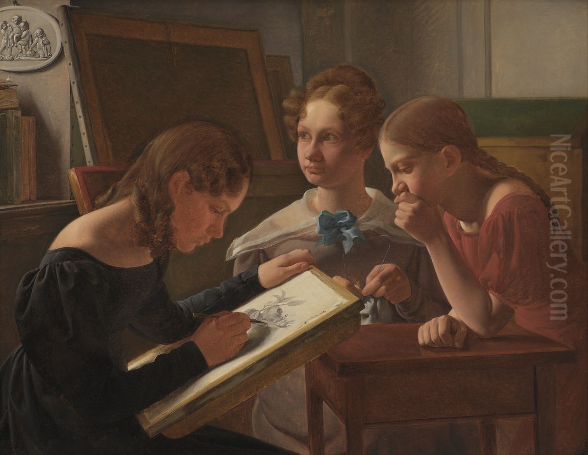 Tre unge piger. Kunstnerens sostre Alvilde, Ida, Henriette Oil Painting by Constantin Hansen