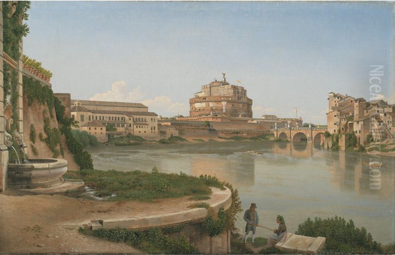 Udsigt over Tiberen fra Trastevere mod Engelsborg Oil Painting by Christoffer Wilhelm Eckersberg