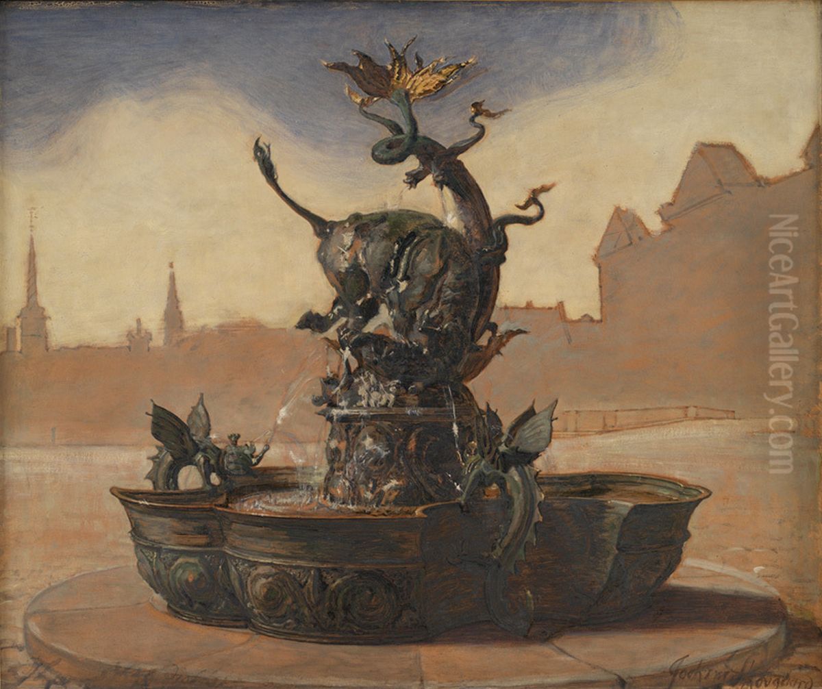 Sketch of the Dragon Fountain. Oil Painting by Joakim Skovgaard