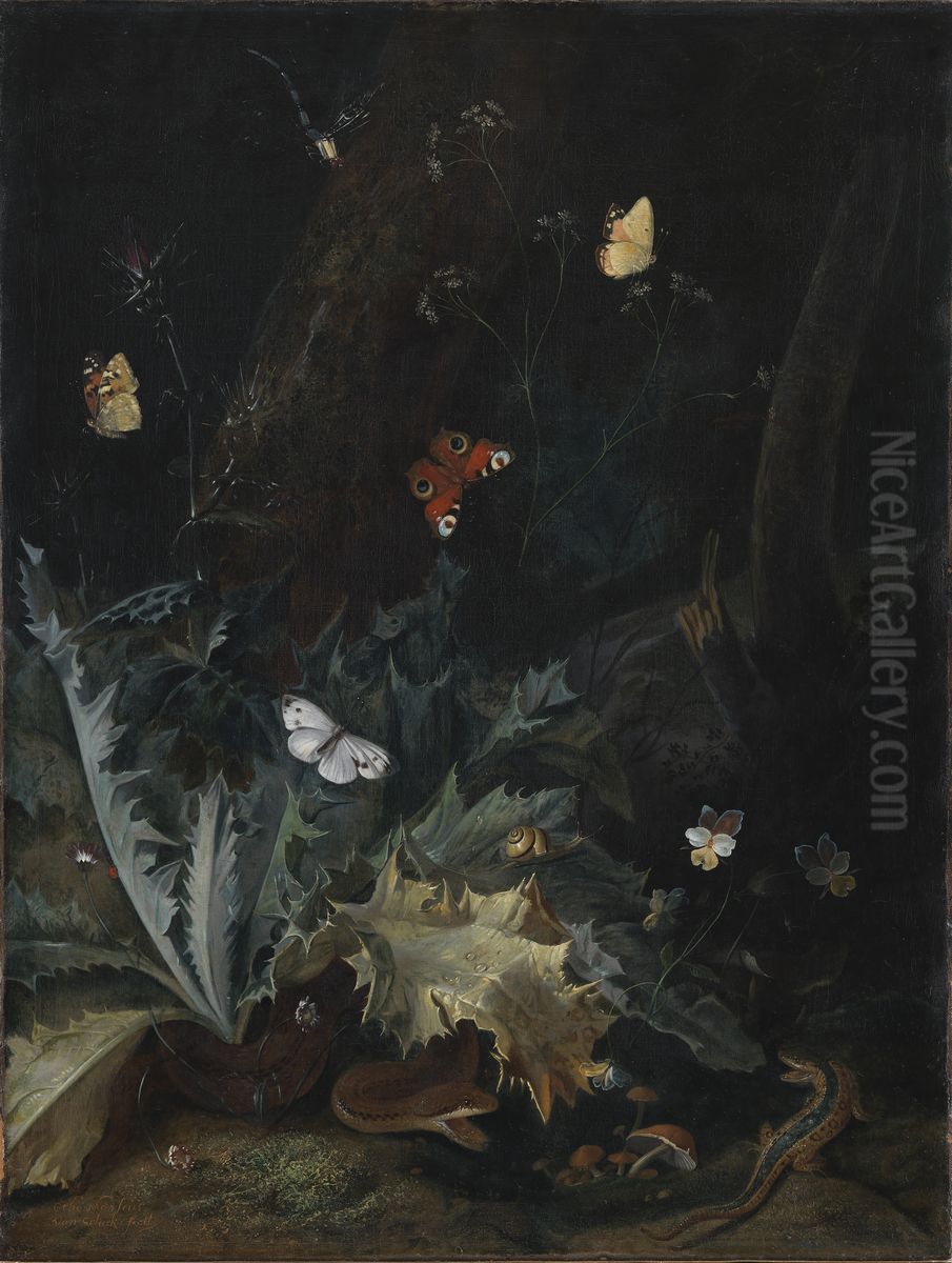 A Forest Floor with a Thistle, a Snake, a Lizard and Butterflies / Thistle and butterflies Oil Painting by Otto Marseus van Schrieck
