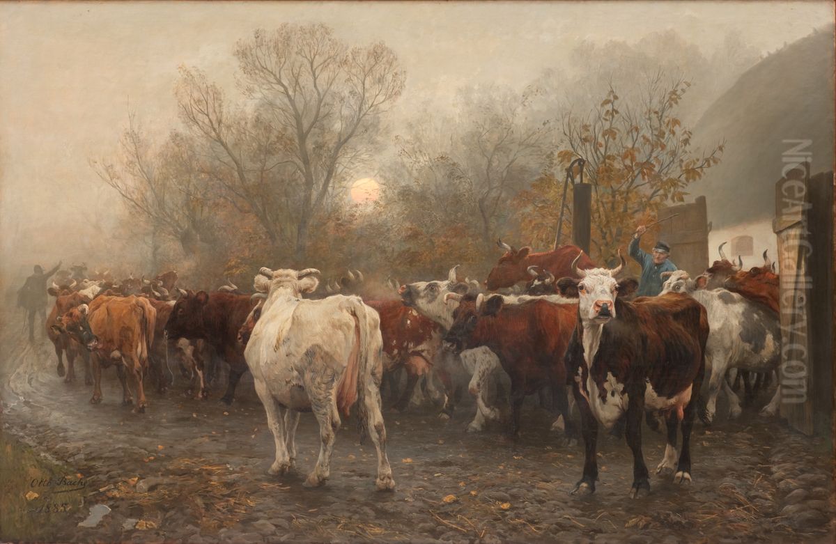 Driving Cows out of the Cowhouse Oil Painting by Otto Bache