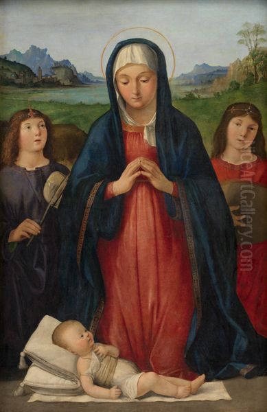 The Christ Child Worshipped by Mary Oil Painting by Antonio Solario