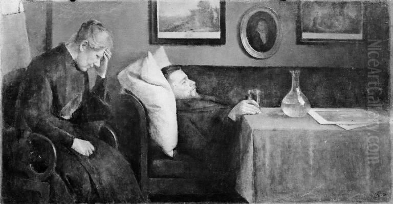 Alvor. Kunstnerens broder ligger syg Oil Painting by Peter Alfred Schou