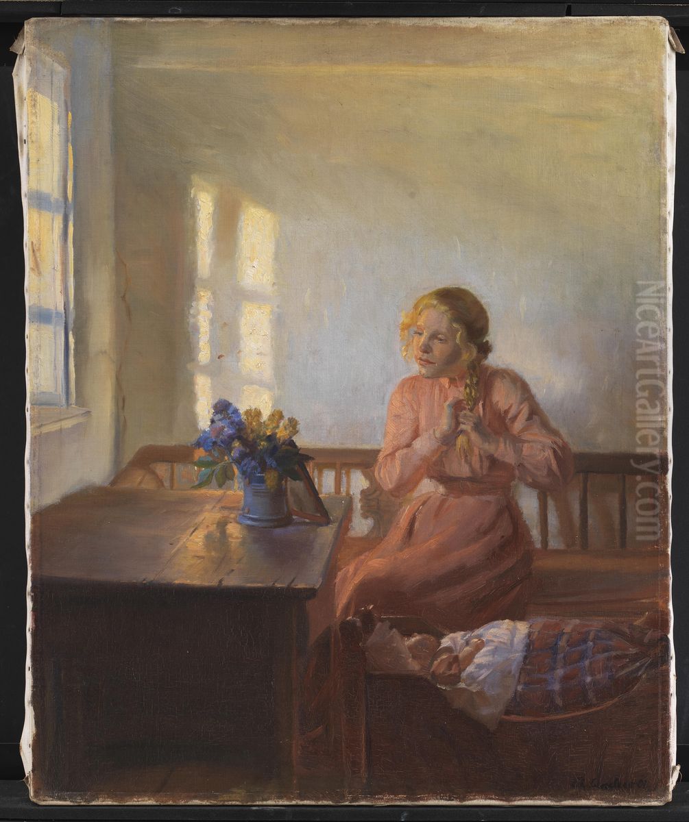 A Young Girl Plaiting her Hair Oil Painting by Anna Ancher