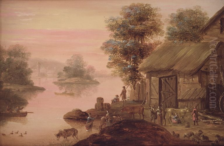 Landskab i hollandsk maner Oil Painting by Johan Edvard Mandelberg