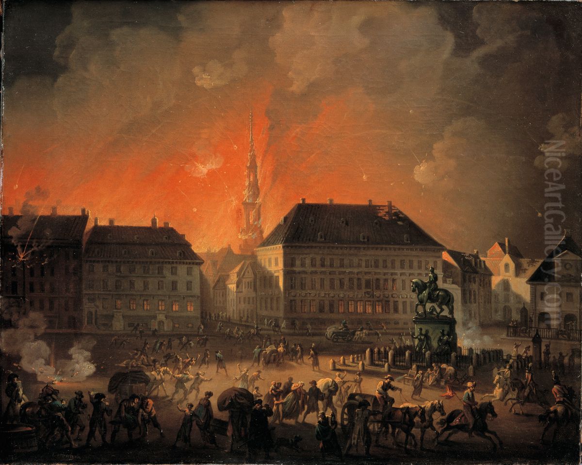 The Most Terrible Night. View of Kongens Nytorv in Copenhagen During the English Bombardement of Copenhagen at Night between 4 and 5 September 1807 Oil Painting by Christian August Lorentzen