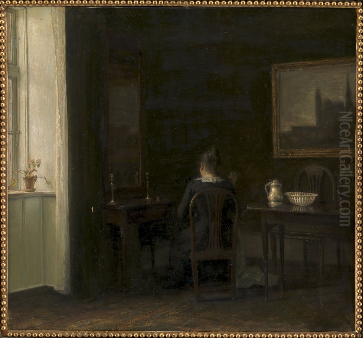 Interior med kunstnerens hustru Emilie Heise Oil Painting by Carl Holsoe