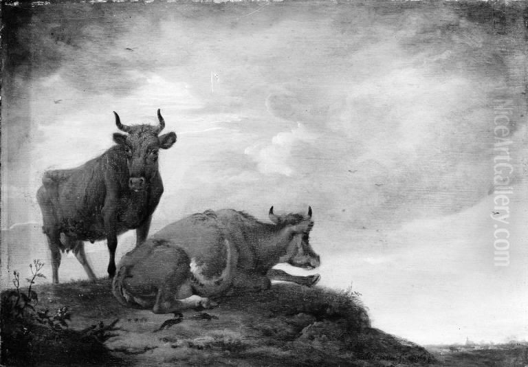 Two Cows on a Hill Oil Painting by Paulus Potter