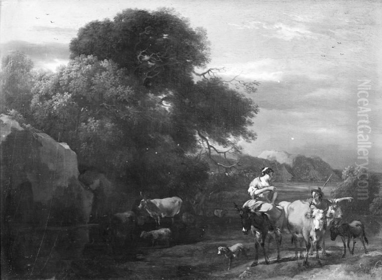 Evening Landscape with Wooded Rocks and Cattle Oil Painting by Nicolaes Pieterszoon Berchem