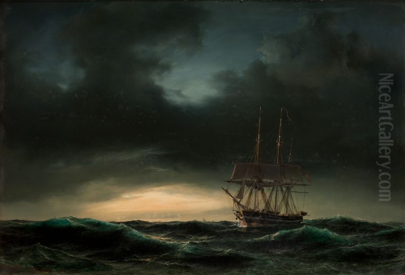 A Danish corvette at sea after a storm. Oil Painting by Anton Melbye