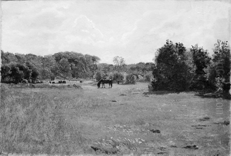 Meadow with a Black Horse Grazing Oil Painting by Lorenz Frolich