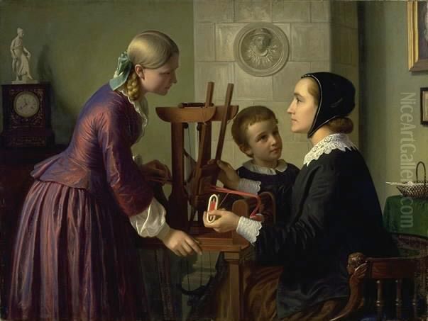 En husmoder ved sin bandvaev taler med to born Oil Painting by Constantin Hansen